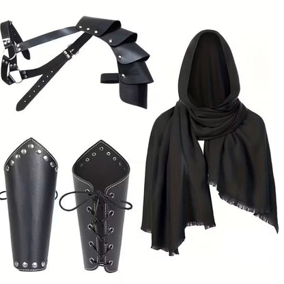 1/4PCS Men Vintage Medieval Knight Hooded Cloak Scarf Renaissance Belt Wrist Guard Halloween Cosplay Costume Accessories Prop