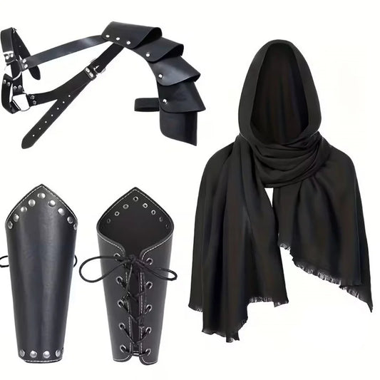 1/4PCS Men Vintage Medieval Knight Hooded Cloak Scarf Renaissance Belt Wrist Guard Halloween Cosplay Costume Accessories Prop