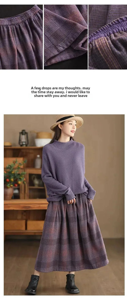 Women's Woolen Skirt 10% Wool Plaid A-Line Mid Length Winter Skirt