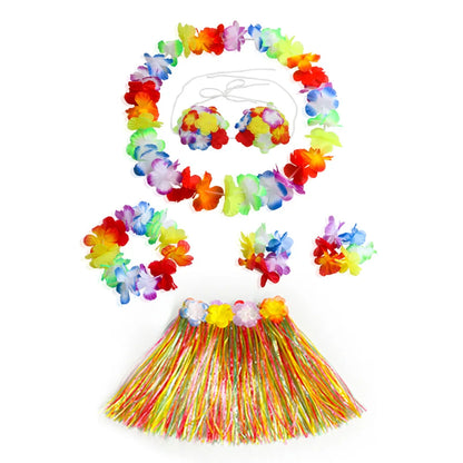 Hawaiian Luau Costume Set with Grass Skirt & Flower Leis