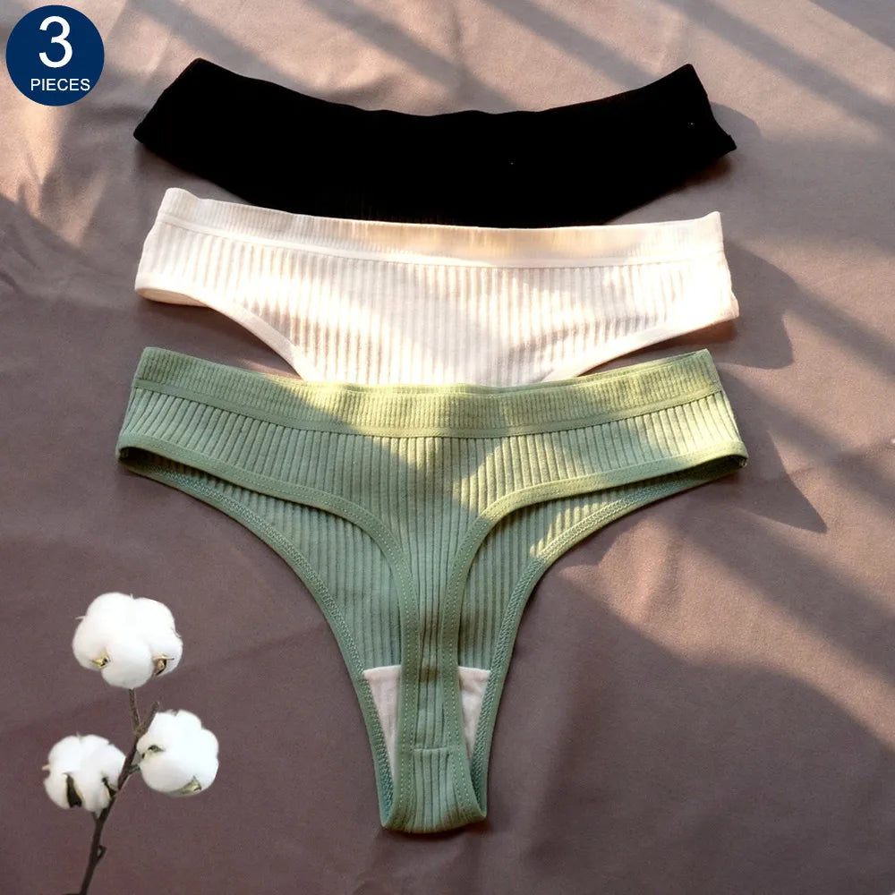Cotton Ribbed Thong 3PCS Women's Seamless Low Rise G String