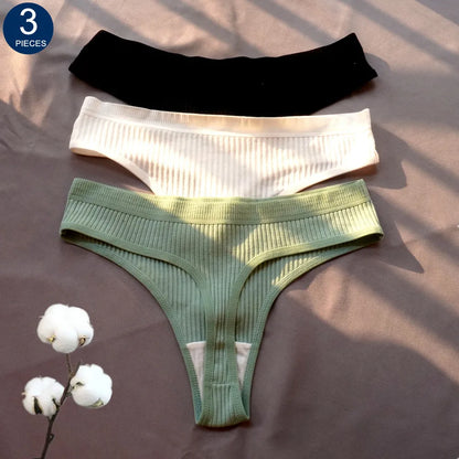 Cotton Ribbed Thong 3PCS Women's Seamless Low Rise G String