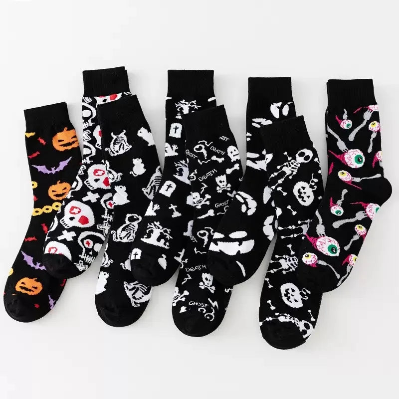 1/8 Pairs Unisex Halloween Printed Mid Tube Socks Fashionable Skull Pumpkin Sweat Absorbing Breathable All Season Casual Socks