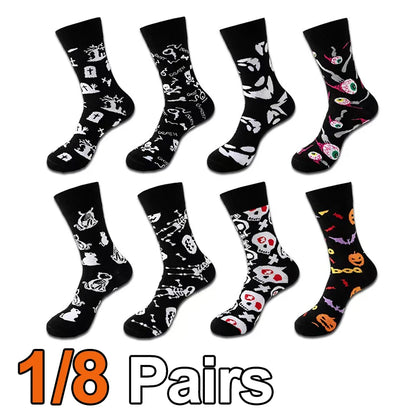 1/8 Pairs Unisex Halloween Printed Mid Tube Socks Fashionable Skull Pumpkin Sweat Absorbing Breathable All Season Casual Socks