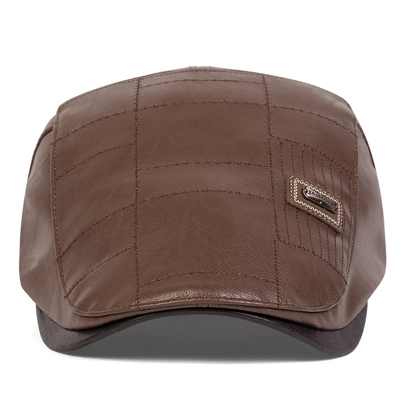 Men's Newsboy Cap Retro PU Leather Flat Beret Hat