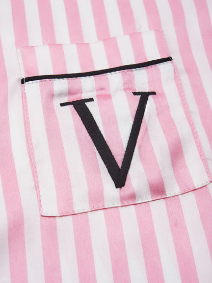 Women's Satin Pajama Set Short Sleeve Striped Sleepwear with Pockets