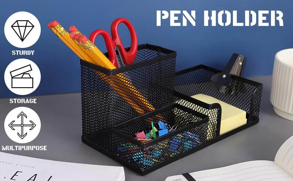 Mesh Desk Organizer – 3-Compartment Desktop Caddy with Pencil Holder