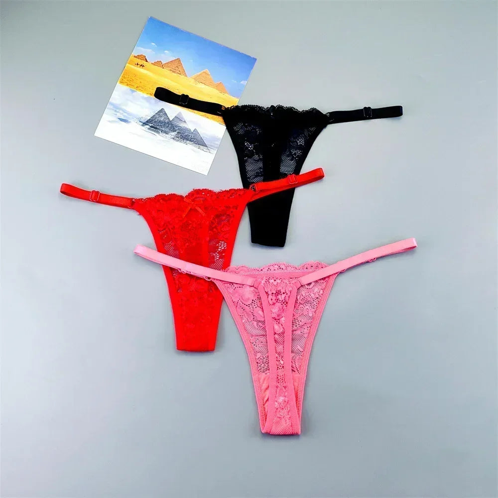 Women's Lace Thong Panties 3PCS Adjustable Low Rise Set