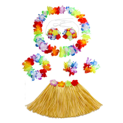 Hawaiian Luau Costume Set with Grass Skirt & Flower Leis