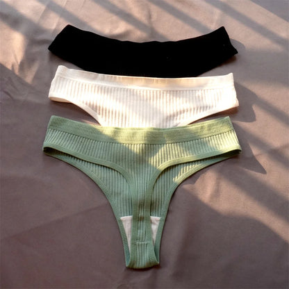Cotton Ribbed Thong 3PCS Women's Seamless Low Rise G String