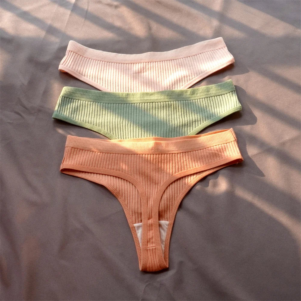 Cotton Ribbed Thong 3PCS Women's Seamless Low Rise G String