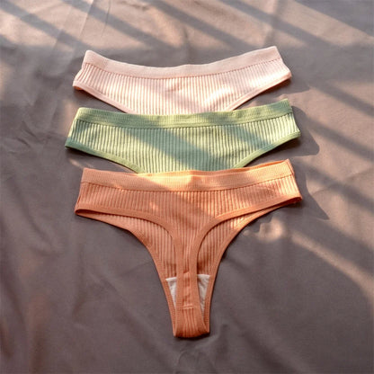 Cotton Ribbed Thong 3PCS Women's Seamless Low Rise G String