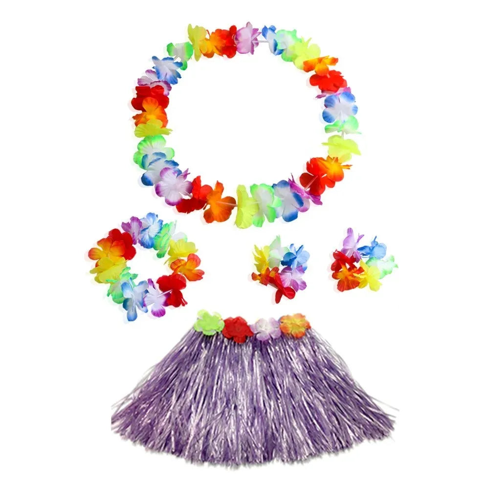 Hawaiian Luau Costume Set with Grass Skirt & Flower Leis