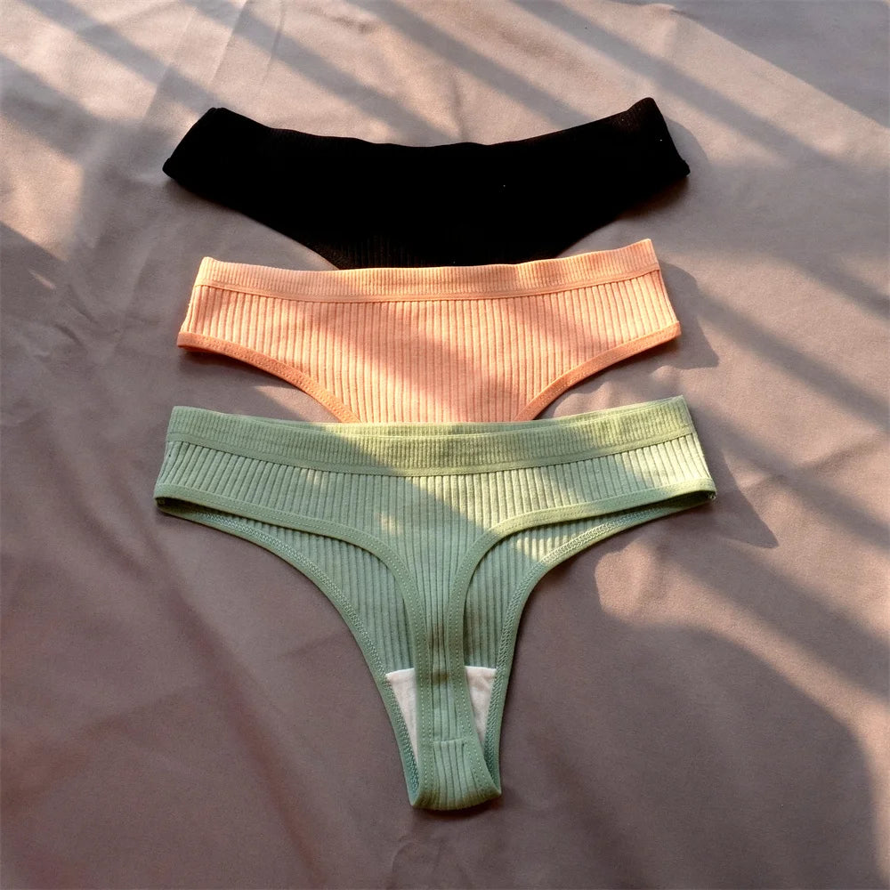 Cotton Ribbed Thong 3PCS Women's Seamless Low Rise G String