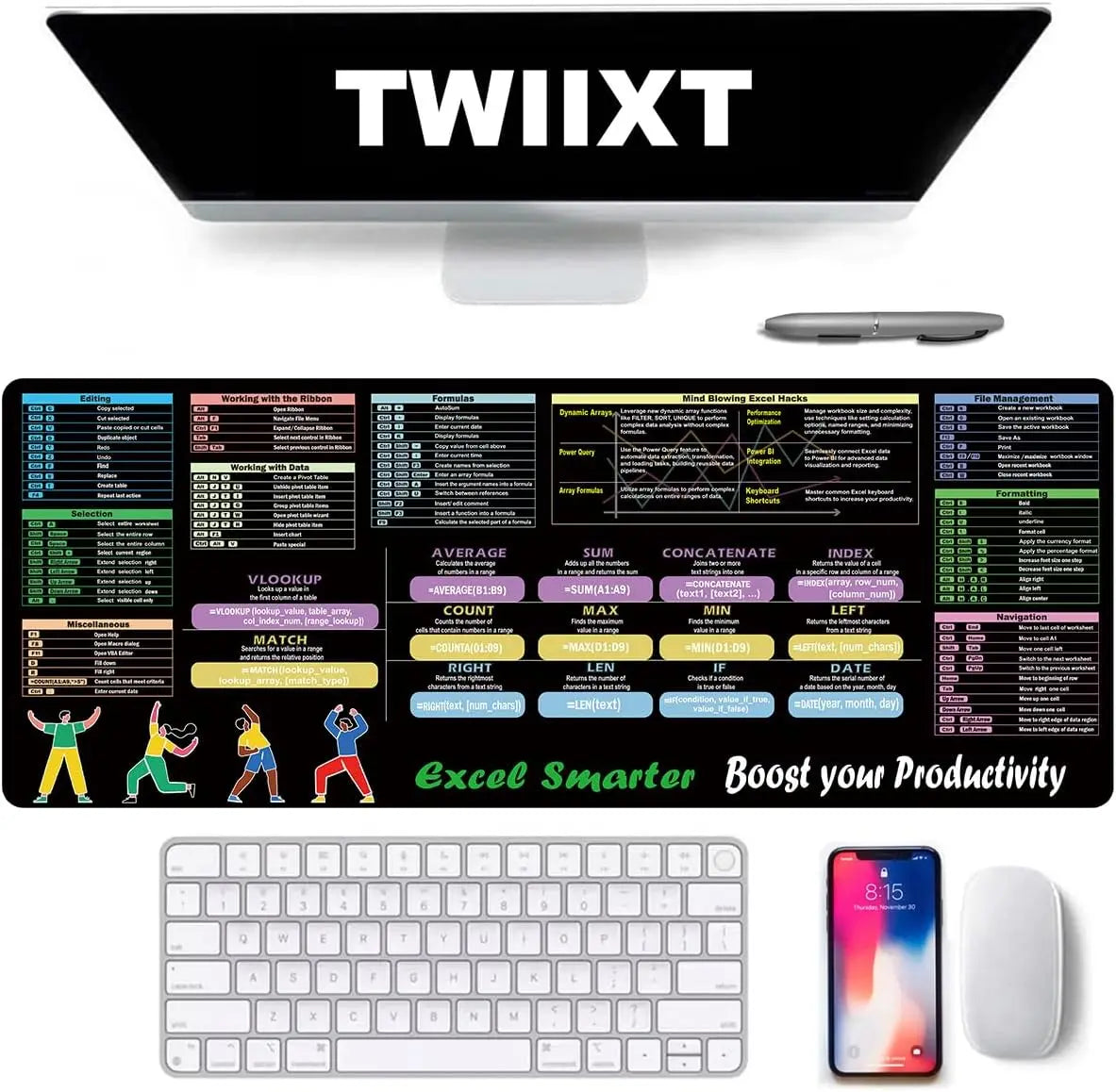 Office Excel Shortcut Large Mouse Pad, Stitched Anti Slip Rubber Base Mat for Gaming Desk Office PC Keyboard Desktop Accessories
