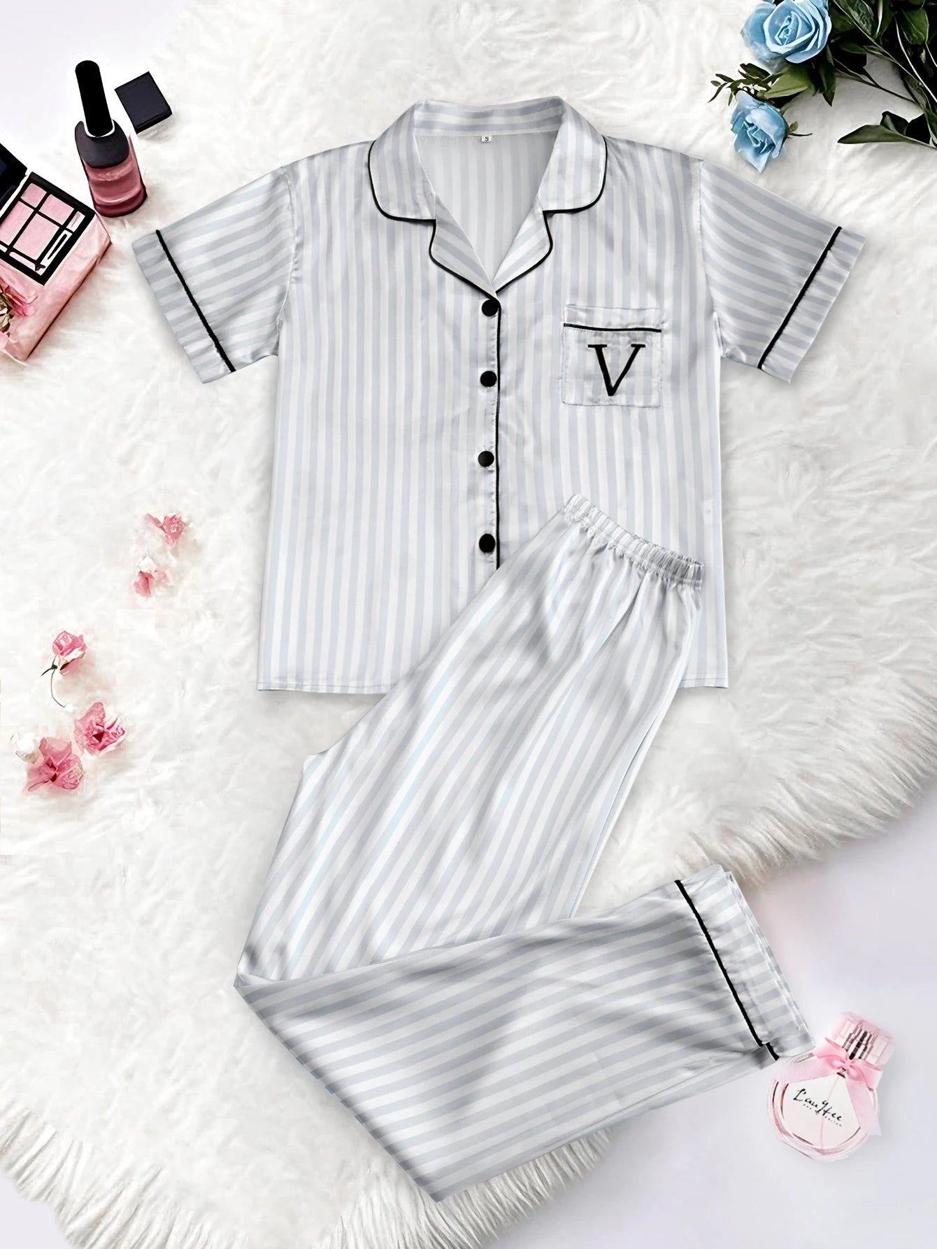 Women's Satin Pajama Set Short Sleeve Striped Sleepwear with Pockets