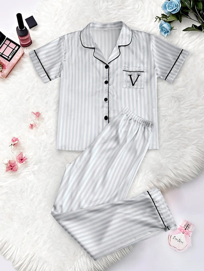 Women's Satin Pajama Set Short Sleeve Striped Sleepwear with Pockets