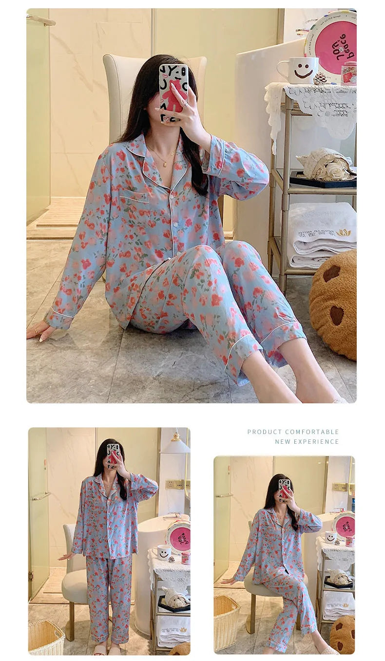 Women's Floral Pajama Set 2 Piece Viscose Long Sleeve Sleepwear