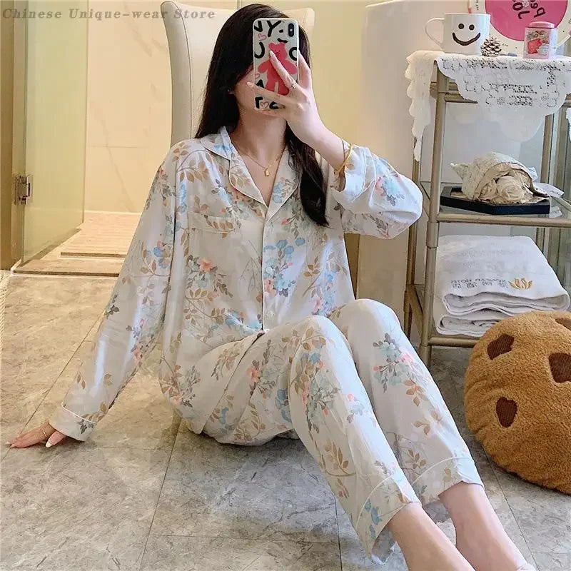 Women's Floral Pajama Set 2 Piece Viscose Long Sleeve Sleepwear