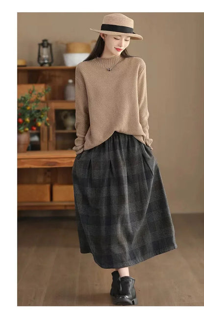 Women's Woolen Skirt 10% Wool Plaid A-Line Mid Length Winter Skirt