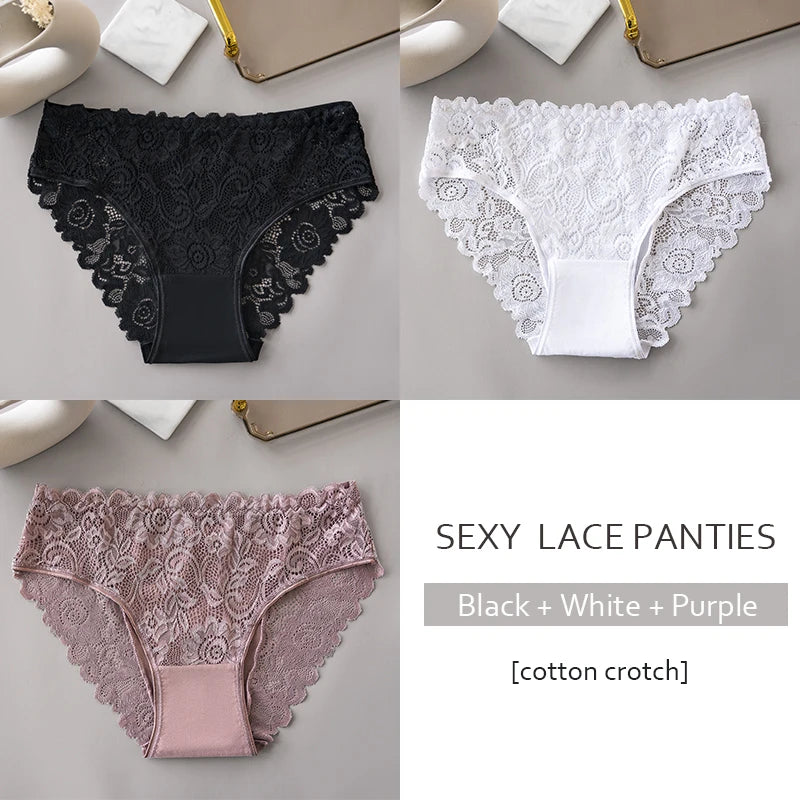 Lace Cotton Panties 3PCS Floral Embroidered Women's Briefs