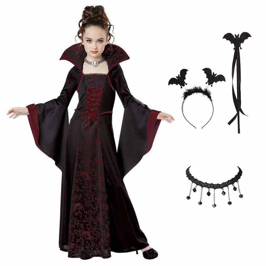 Kids Vampire Costume Gothic Halloween Dress with Accessories
