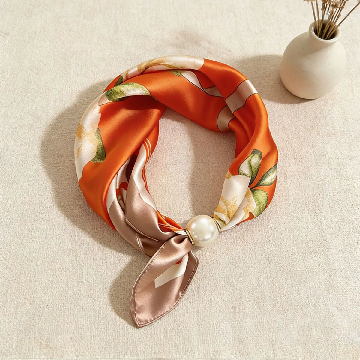 Printed Silk Scarf with Pearl Buckle Chain – Women’s Neck Wrap