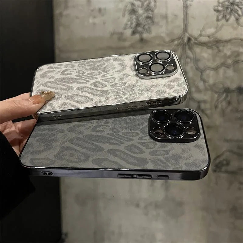 Leopard Print iPhone Case with Leather Texture & Lens Protection