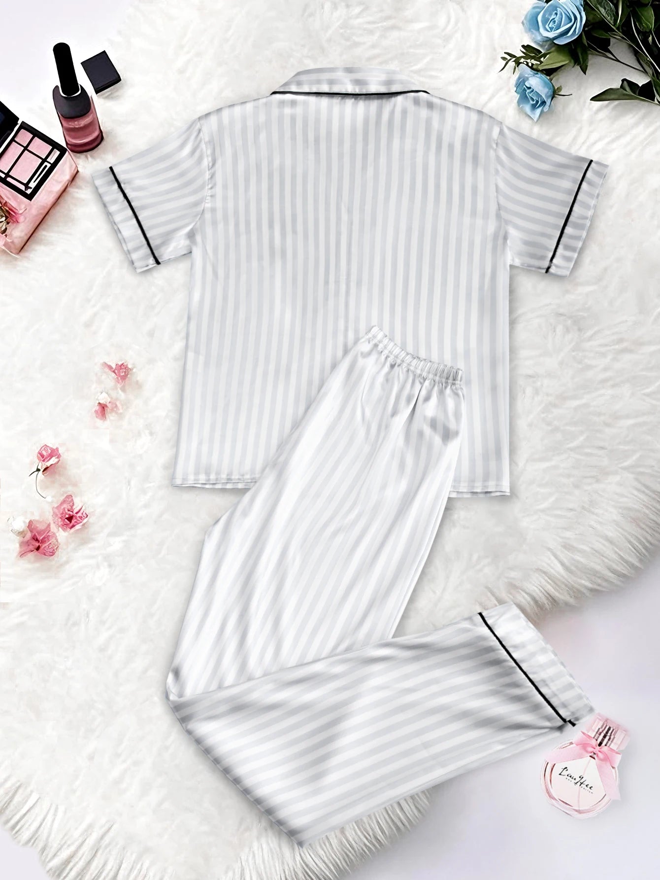 Women's Satin Pajama Set Short Sleeve Striped Sleepwear with Pockets