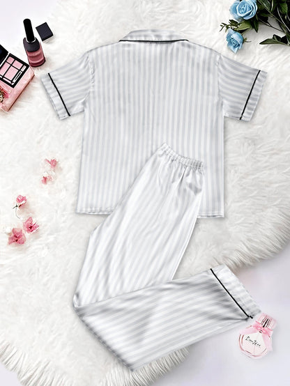 Women's Satin Pajama Set Short Sleeve Striped Sleepwear with Pockets