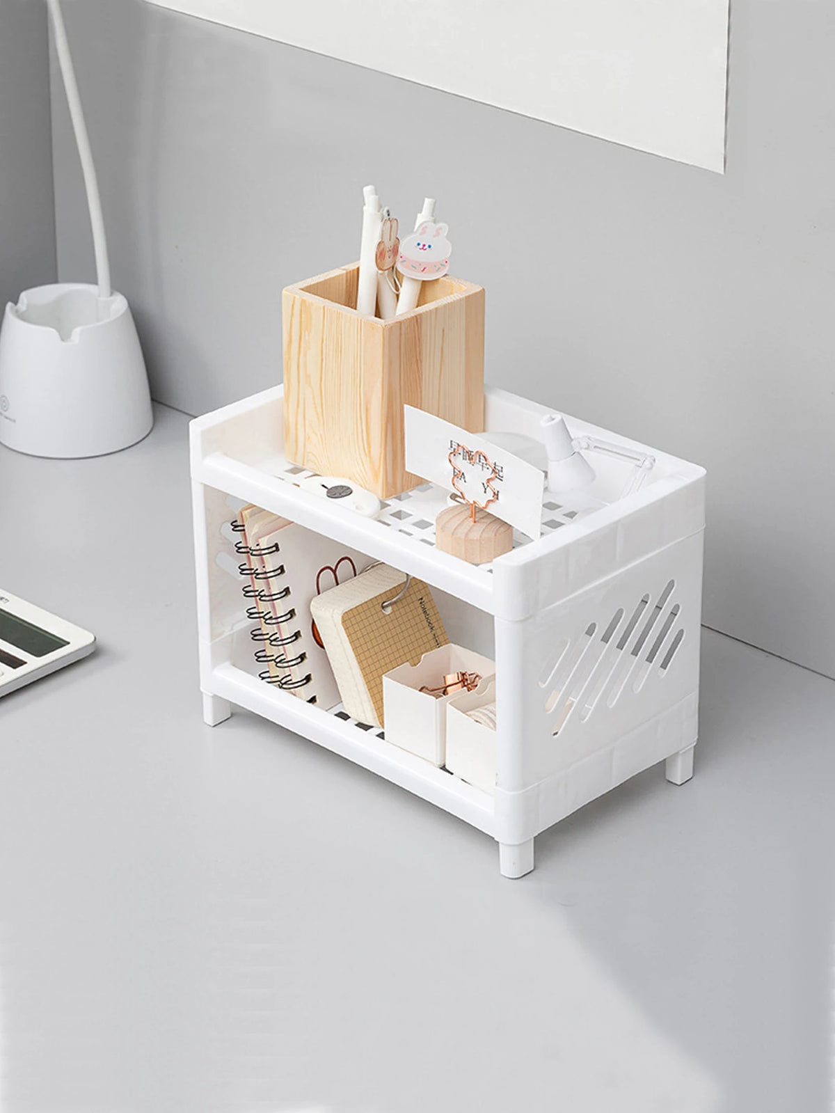 Double Layer Desktop Storage Rack – PP Organizer for Stationery, Cosmetics & Office Supplies