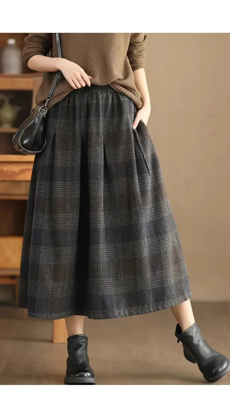 Women's Woolen Skirt 10% Wool Plaid A-Line Mid Length Winter Skirt