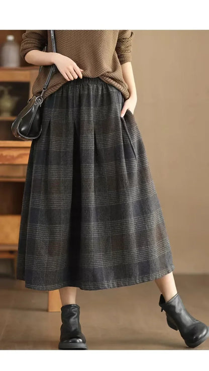Women's Woolen Skirt 10% Wool Plaid A-Line Mid Length Winter Skirt