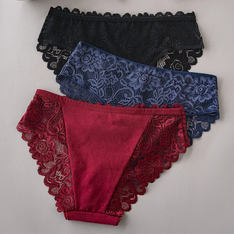Lace Cotton Panties 3PCS Floral Embroidered Women's Briefs