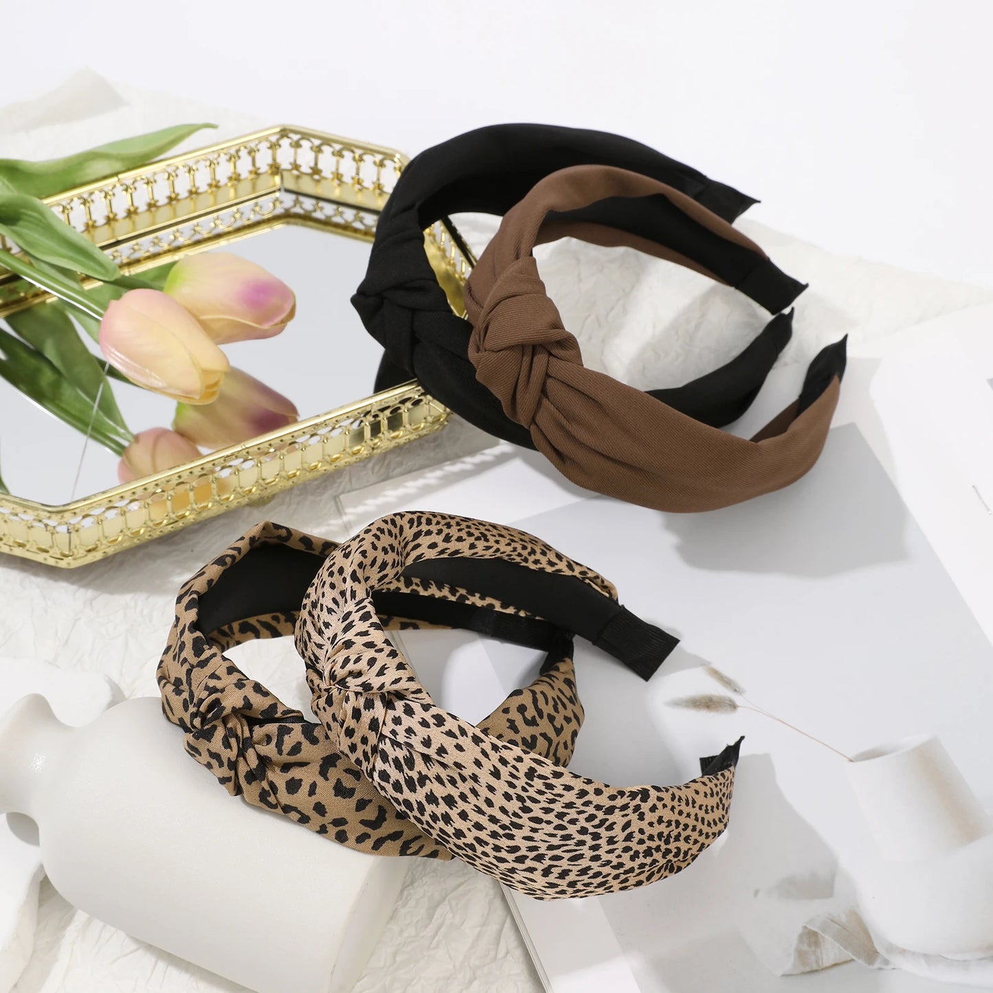 Leopard Print Headband Wide Cross Knot Hairband for Women