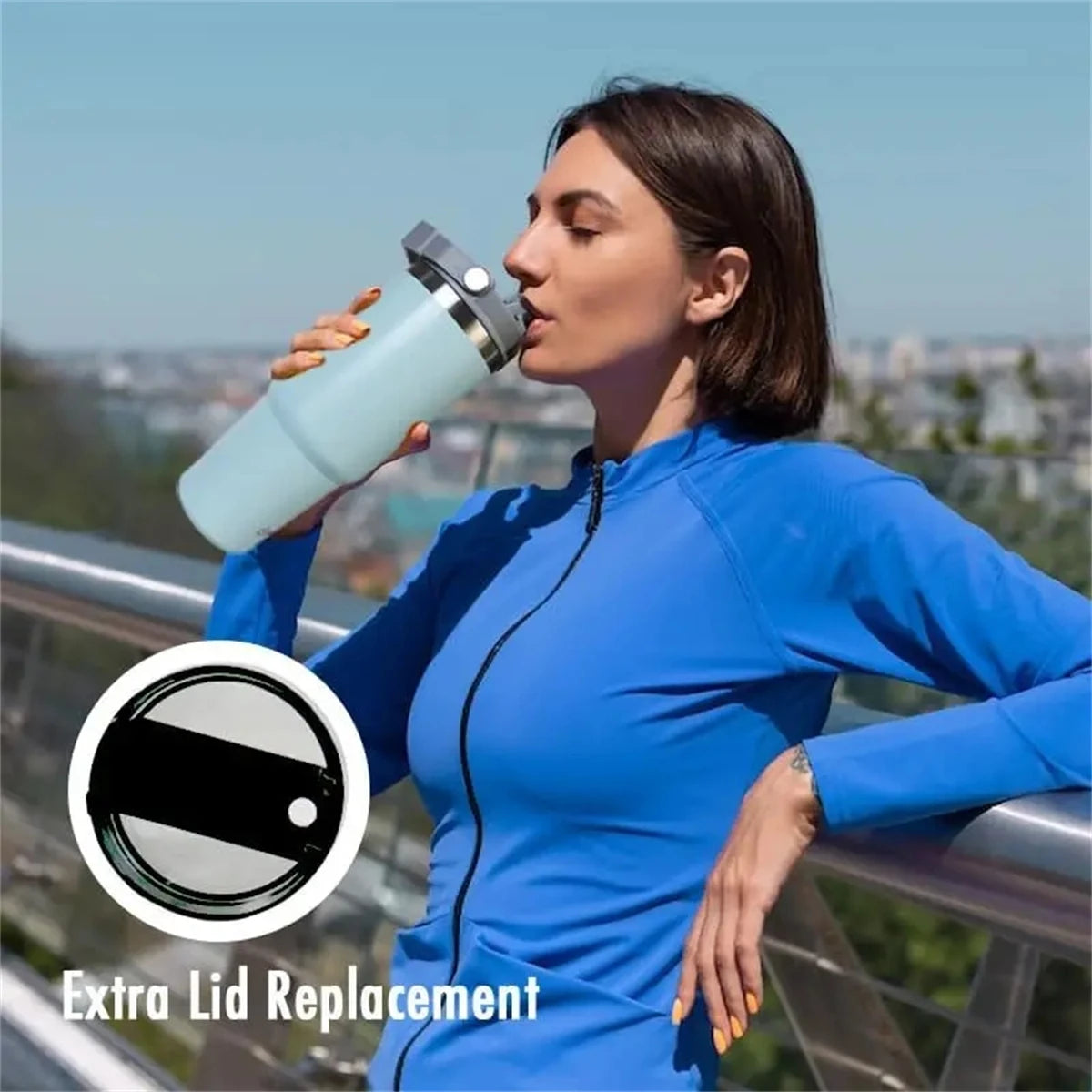 A portable stainless steel tumbler with a convenient handle for travel, work, commuting, and everyday hydration.