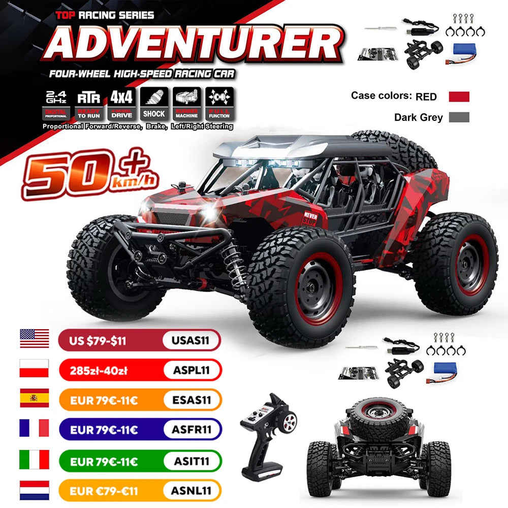 16106 1:16 4WD RC Monster Truck – 50KM/H High-Speed Off-Road Car with LED Lights