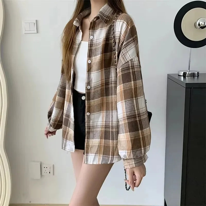Plaid Shirt Women Long Sleeve Loose Check Button Down Blouse