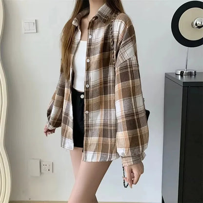 Plaid Shirt Women Long Sleeve Loose Check Button Down Blouse