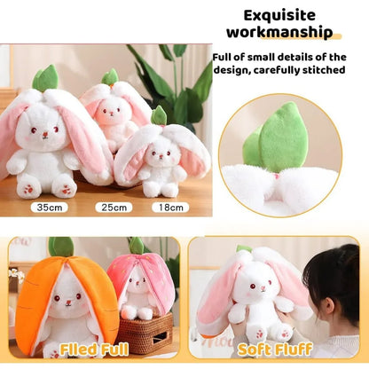 Reversible Bunny Plush Doll Pillow with Carrot Strawberry Cover