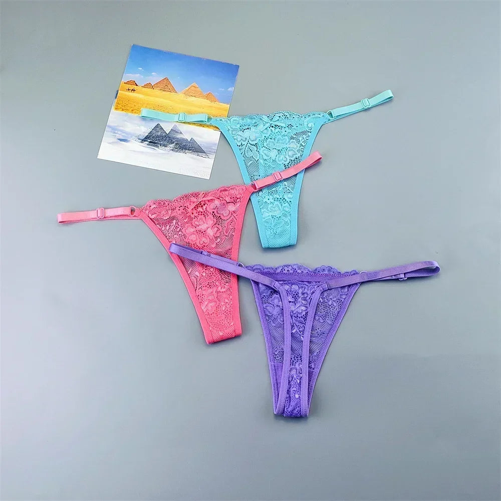 Women's Lace Thong Panties 3PCS Adjustable Low Rise Set