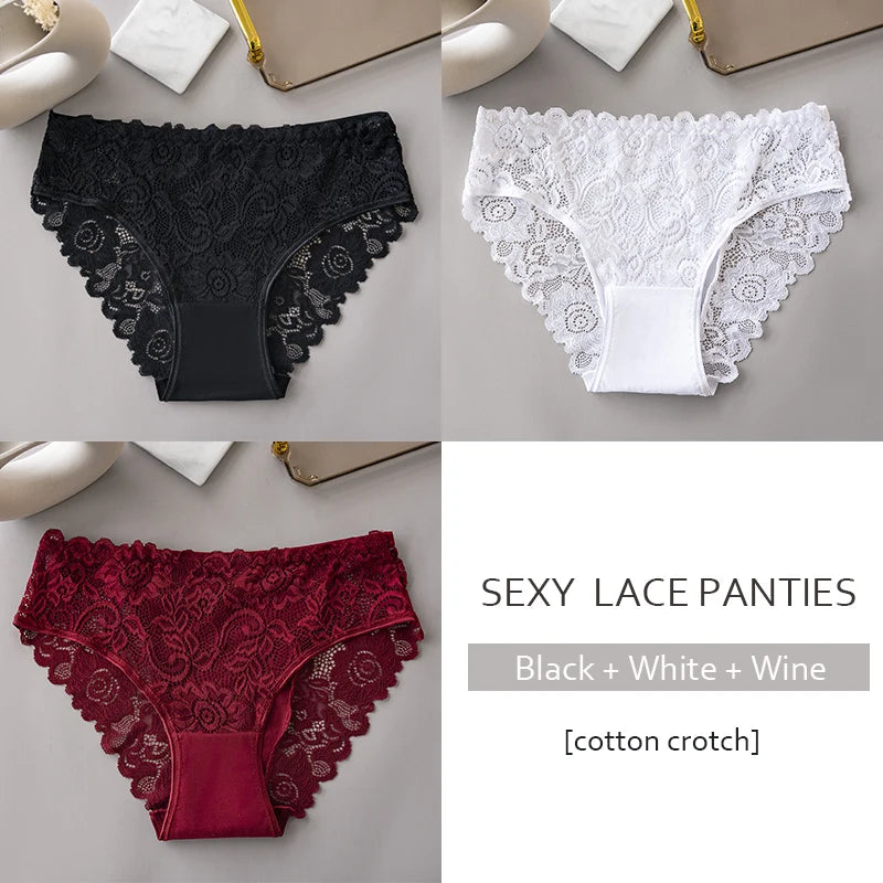 Lace Cotton Panties 3PCS Floral Embroidered Women's Briefs