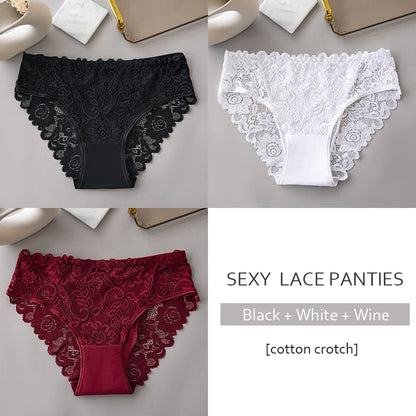 Lace Cotton Panties 3PCS Floral Embroidered Women's Briefs