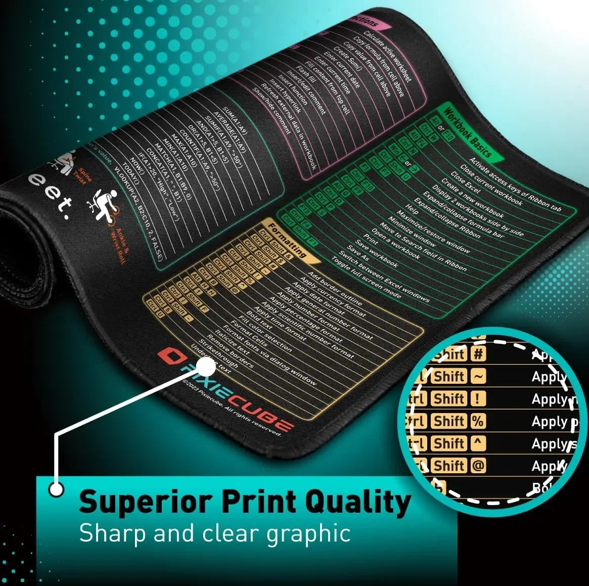 Office Excel Shortcut Large Mouse Pad, Stitched Anti Slip Rubber Base Mat for Gaming Desk Office PC Keyboard Desktop Accessories