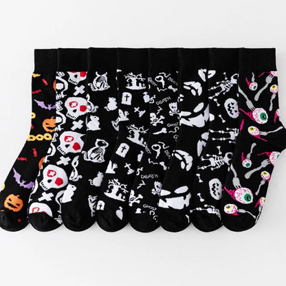 1/8 Pairs Unisex Halloween Printed Mid Tube Socks Fashionable Skull Pumpkin Sweat Absorbing Breathable All Season Casual Socks
