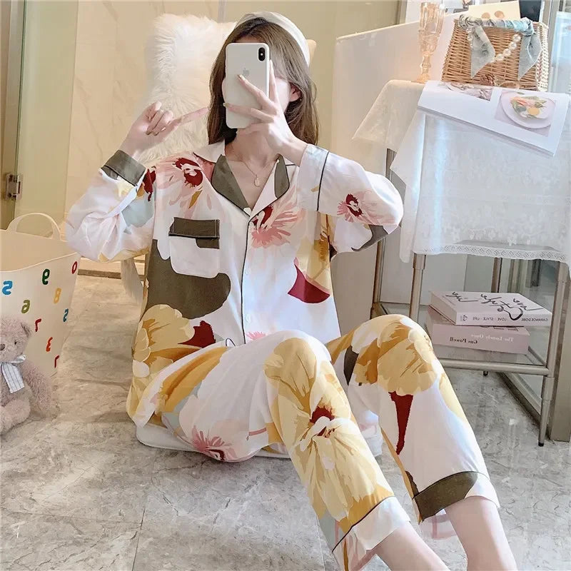 Women's Floral Pajama Set 2 Piece Viscose Long Sleeve Sleepwear