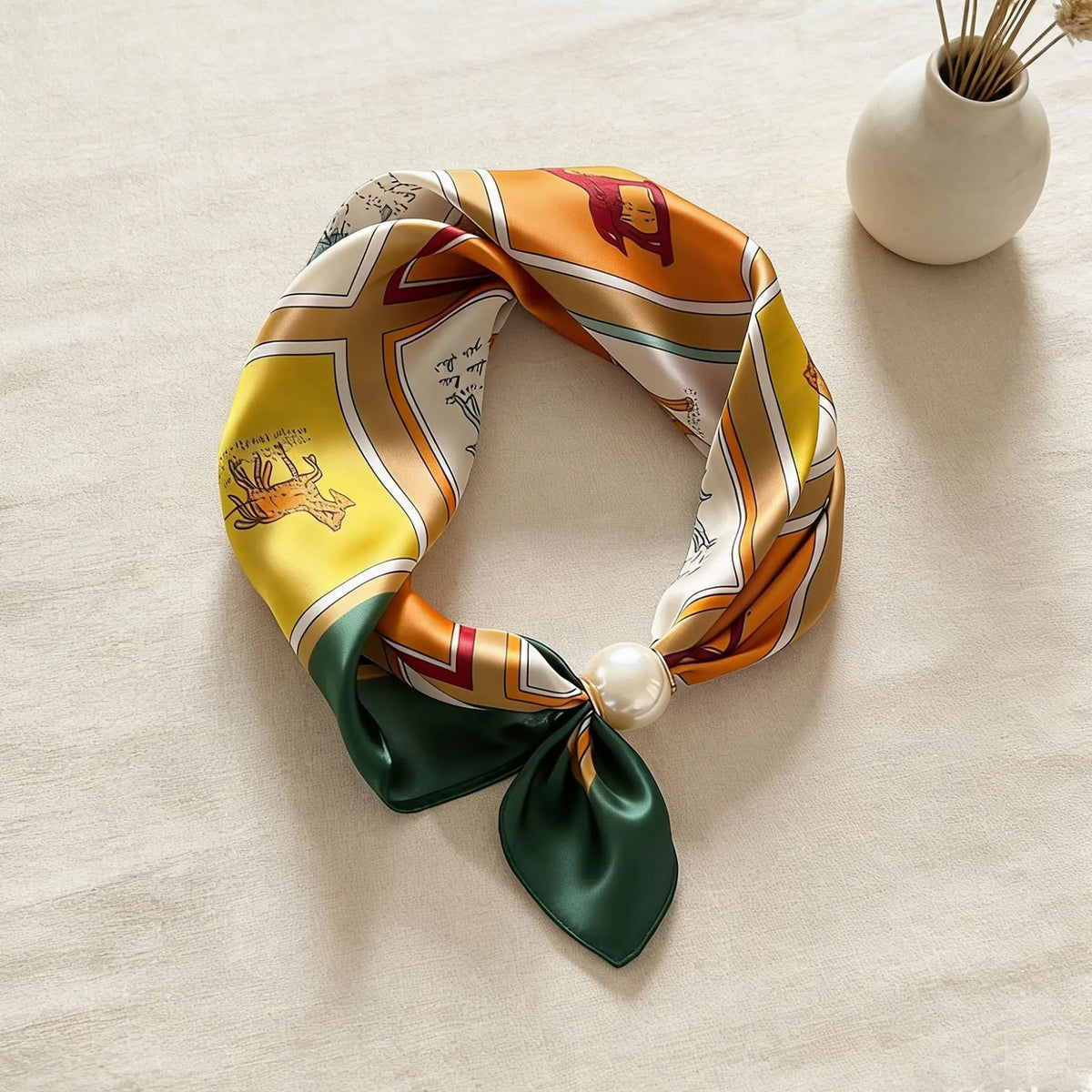 Printed Silk Scarf with Pearl Buckle Chain – Women’s Neck Wrap