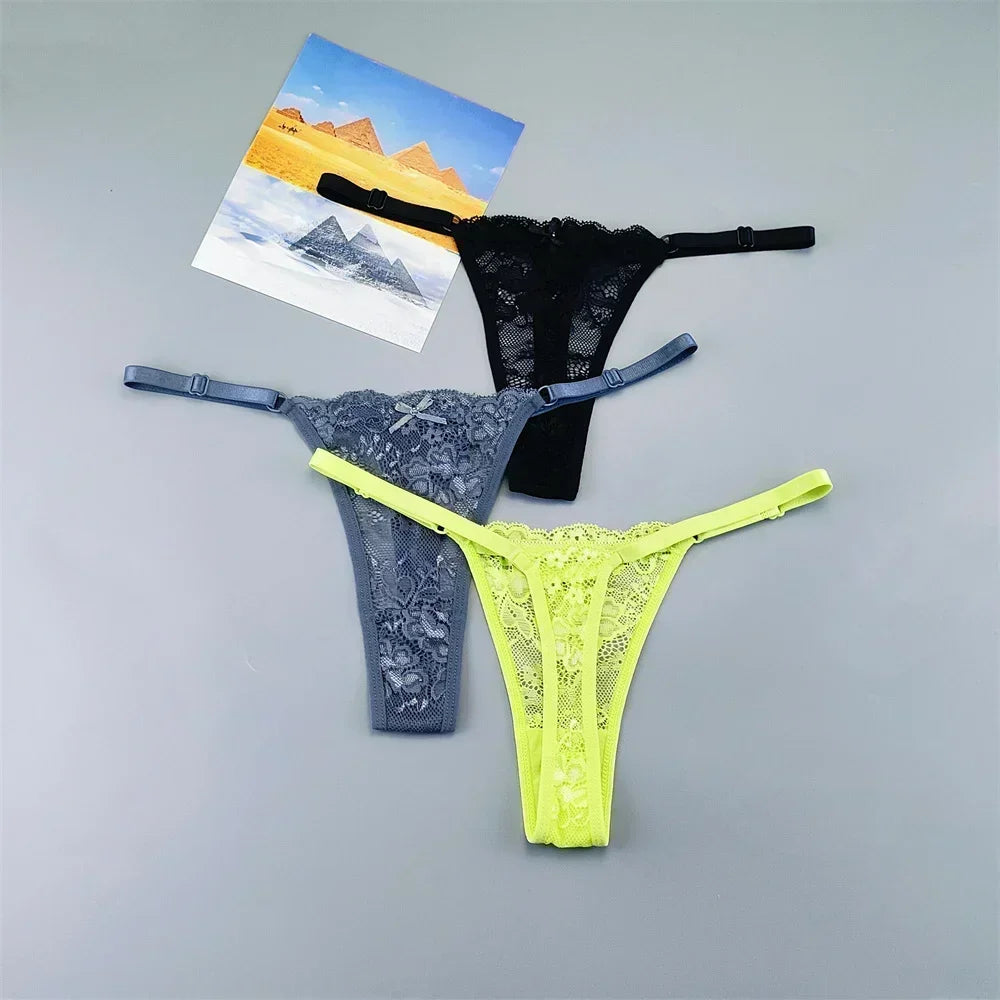 Women's Lace Thong Panties 3PCS Adjustable Low Rise Set