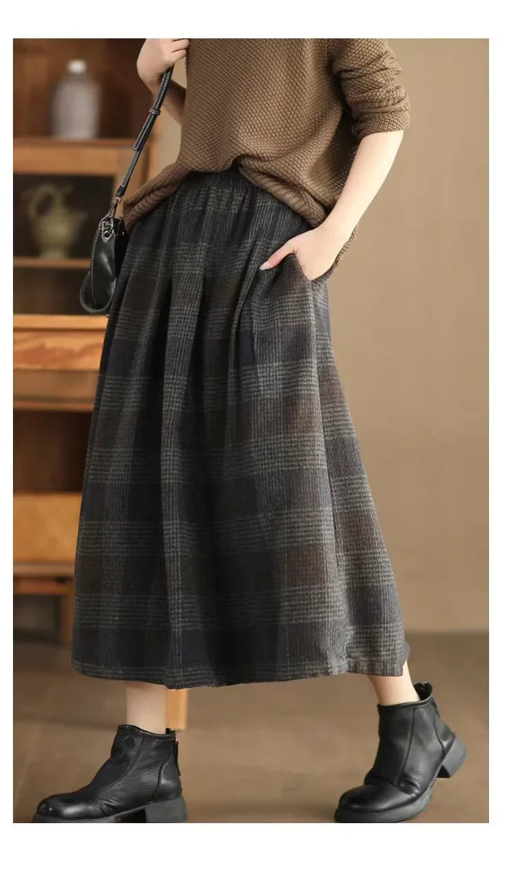 Women's Woolen Skirt 10% Wool Plaid A-Line Mid Length Winter Skirt