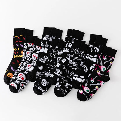 1/8 Pairs Unisex Halloween Printed Mid Tube Socks Fashionable Skull Pumpkin Sweat Absorbing Breathable All Season Casual Socks
